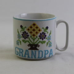 Unbranded "Grandpa" Floral Cross Stitch Pattern Ceramic Coffee Mug 3.25" Tall