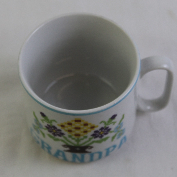 Unbranded "Grandpa" Floral Cross Stitch Pattern Ceramic Coffee Mug 3.25" Tall
