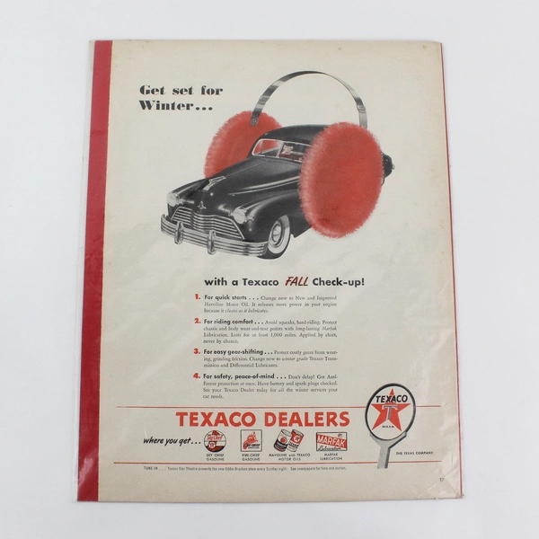 Vintage 1946 Print Ad Texaco Get Fall Check-Up Car Wearing Red Earmuffs 