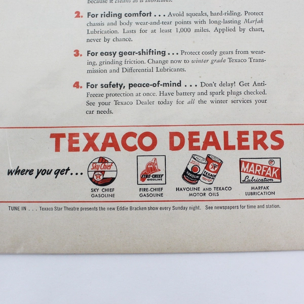 Vintage 1946 Print Ad Texaco Get Fall Check-Up Car Wearing Red Earmuffs 
