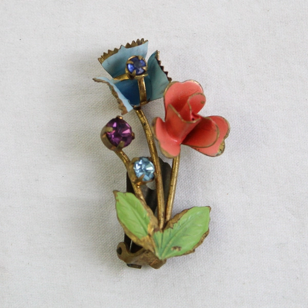 Vintage Flower Clip-On Earring Blue Purple Rhinestones Made in Austria
