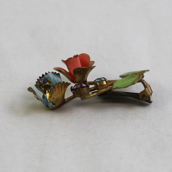 Vintage Flower Clip-On Earring Blue Purple Rhinestones Made in Austria