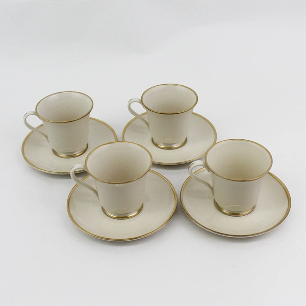 4 Gorham Fine China Footed Cup and Saucer Sets Beige With Gold Trim