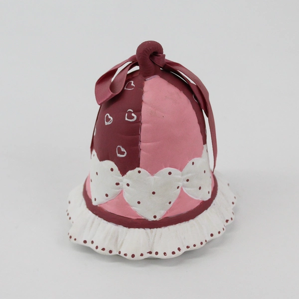 Vintage Quilted Pattern Ceramic Bell Ornament Pink White Burgundy With Hearts