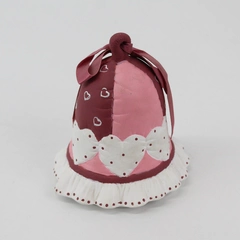 Vintage Quilted Pattern Ceramic Bell Ornament Pink White Burgundy With Hearts