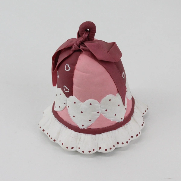 Vintage Quilted Pattern Ceramic Bell Ornament Pink White Burgundy With Hearts