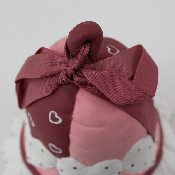 Vintage Quilted Pattern Ceramic Bell Ornament Pink White Burgundy With Hearts