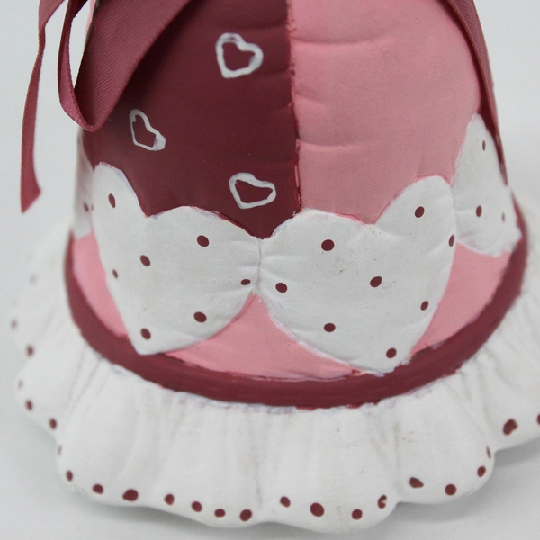 Vintage Quilted Pattern Ceramic Bell Ornament Pink White Burgundy With Hearts