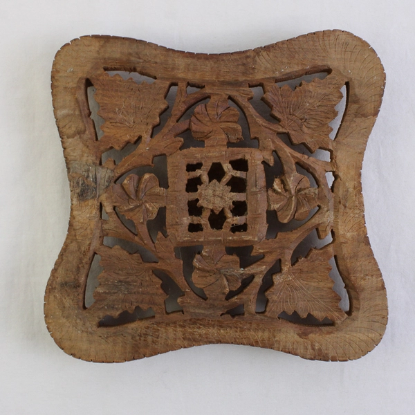 Vintage Square Hand-Carved Wooden Trivet Made in India