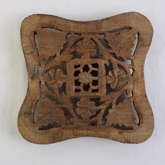 Vintage Square Hand-Carved Wooden Trivet Made in India