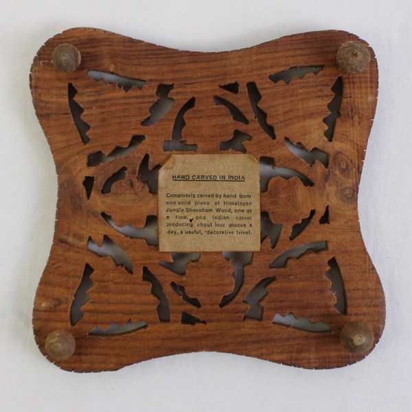 Vintage Square Hand-Carved Wooden Trivet Made in India