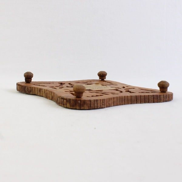 Vintage Square Hand-Carved Wooden Trivet Made in India