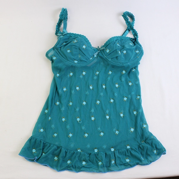 Rampage Teal Tulle Embroidered Flowers Sheer Cami Women's Medium FLAWED