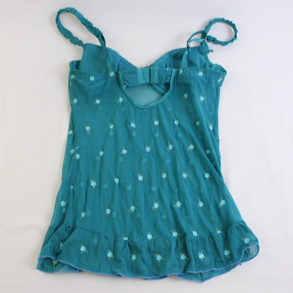 Rampage Teal Tulle Embroidered Flowers Sheer Cami Women's Medium FLAWED