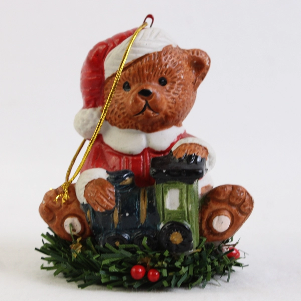 Santa Teddy Bear With Train On Wreath Ornament