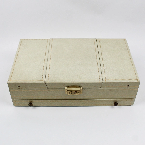 VTG 60's Mele & Co. Cream Jewelry Box with Red Velvet Interior Lockable w/ Key