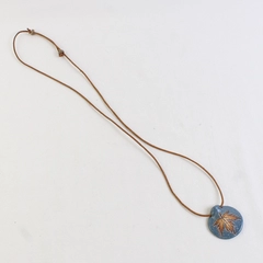 Ceramic Painted Flower Leaf Embossed Round Pendant with Corded Necklace