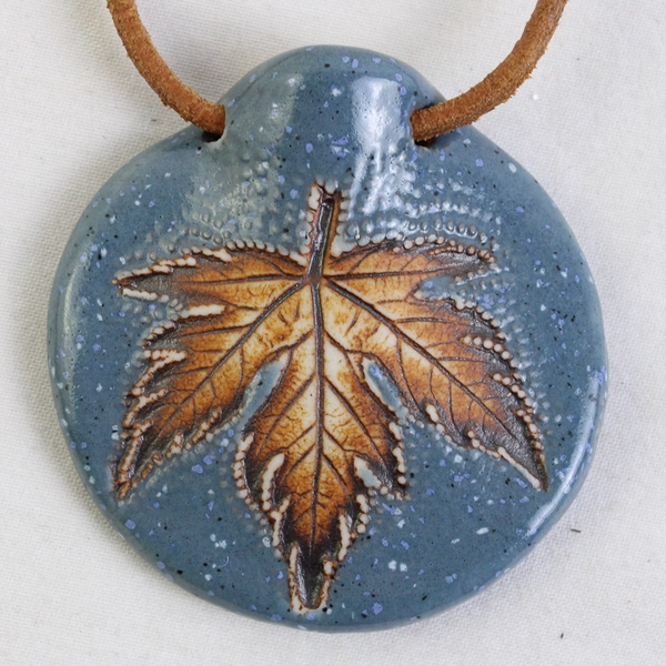 Ceramic Painted Flower Leaf Embossed Round Pendant with Corded Necklace