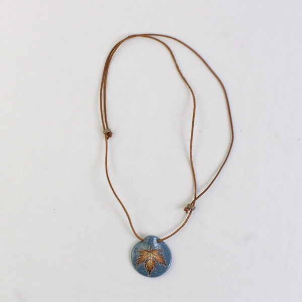 Ceramic Painted Flower Leaf Embossed Round Pendant with Corded Necklace