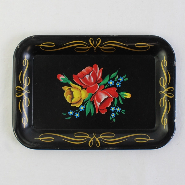 Mini Hand Painted Black Metal Tray Multicolor Flowers w/ Gold Pinstripe Trim