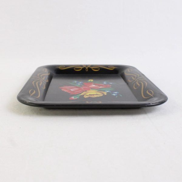 Mini Hand Painted Black Metal Tray Multicolor Flowers w/ Gold Pinstripe Trim