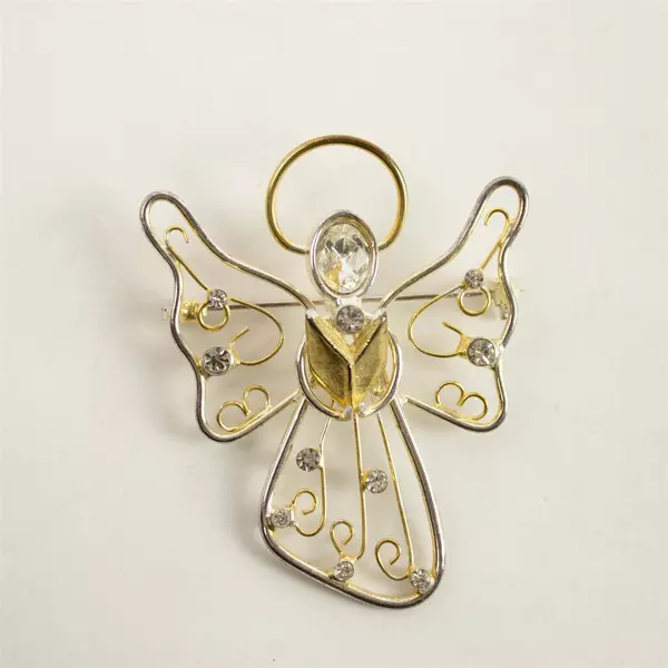 Gold & Silver-Tone Crystal Rhinestone Wire Angel Brooch Pin 2in