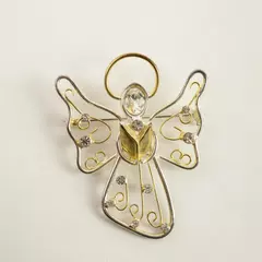 Gold & Silver-Tone Crystal Rhinestone Wire Angel Brooch Pin 2in