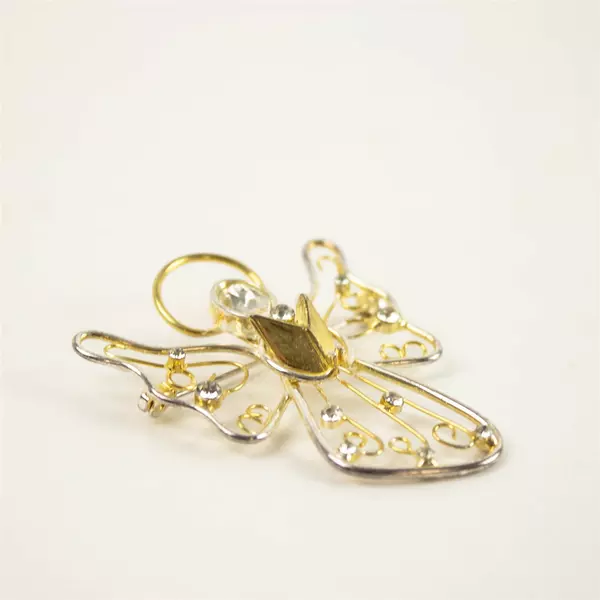 Gold & Silver-Tone Crystal Rhinestone Wire Angel Brooch Pin 2in