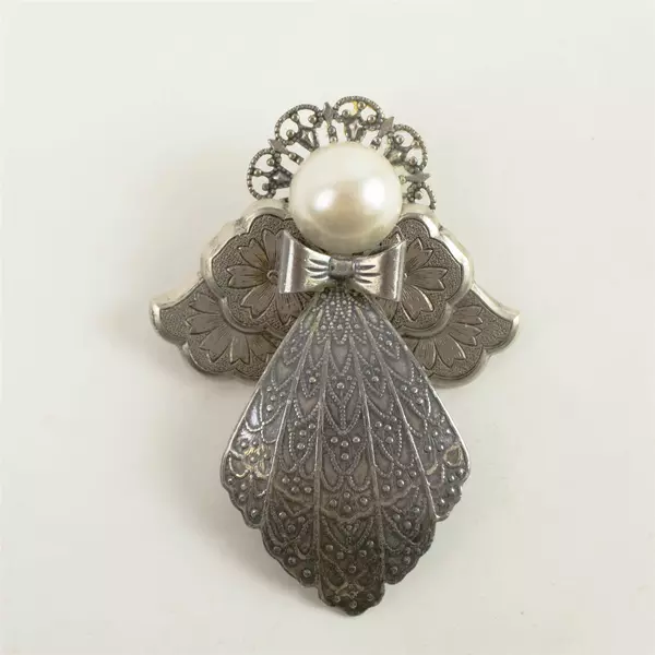 Vintage Jane Filigree Angel Brooch Pin Silver Tone Faux Pearl