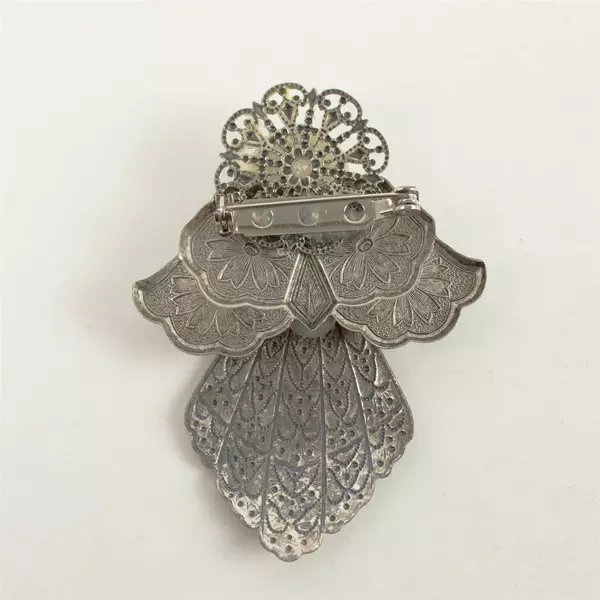 Vintage Jane Filigree Angel Brooch Pin Silver Tone Faux Pearl