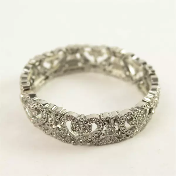 Vintage Silver-Tone Women's Crystal Stretch Bracelet w/ Heart Accents