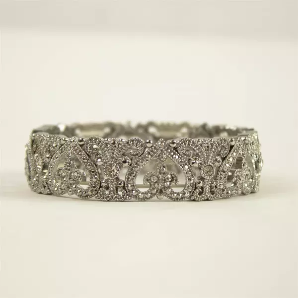Vintage Silver-Tone Women's Crystal Stretch Bracelet w/ Heart Accents