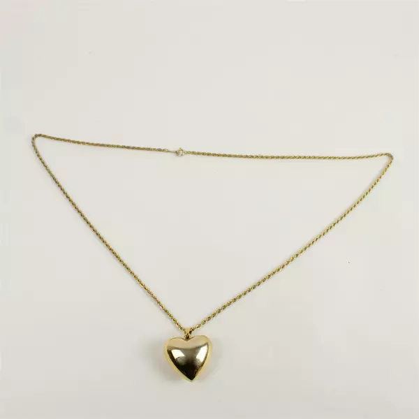 Gold Tone Puffed Heart Pendant Necklace 15in Chain 