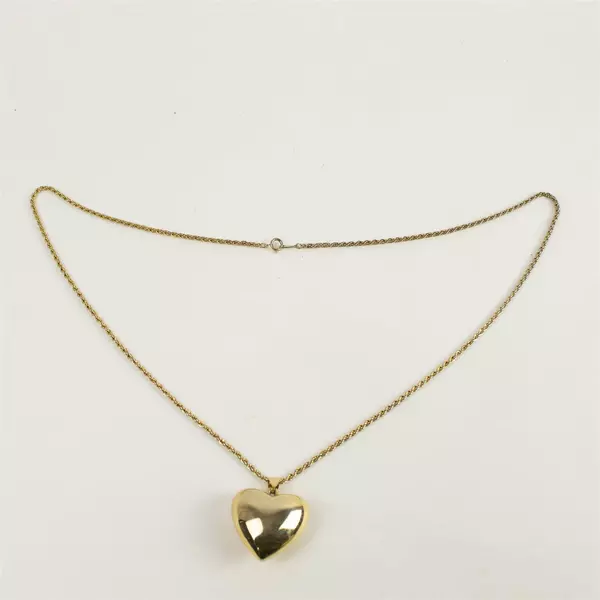 Gold Tone Puffed Heart Pendant Necklace 15in Chain 