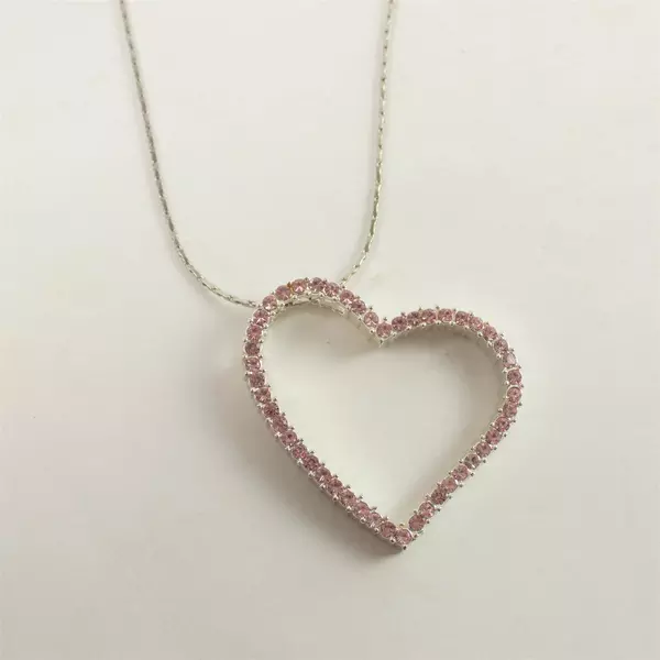 Sterling Silver Heart Necklace with Pink Stones & Cubic Zirconia, 14" Chain