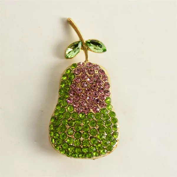 Vintage Rhinestone Green Pink Pear Fruit Brooch Costume Jewelry