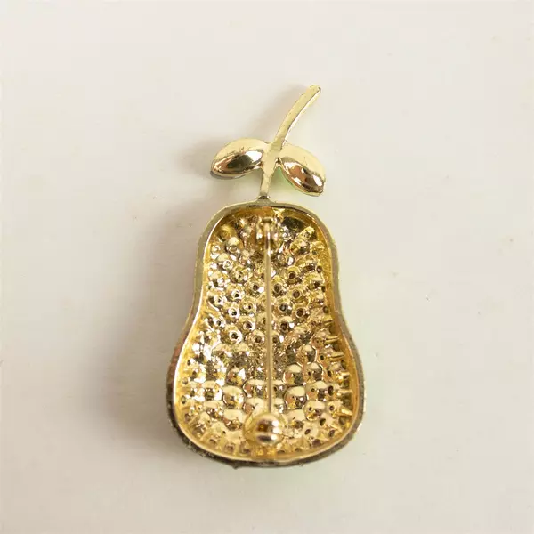 Vintage Rhinestone Green Pink Pear Fruit Brooch Costume Jewelry