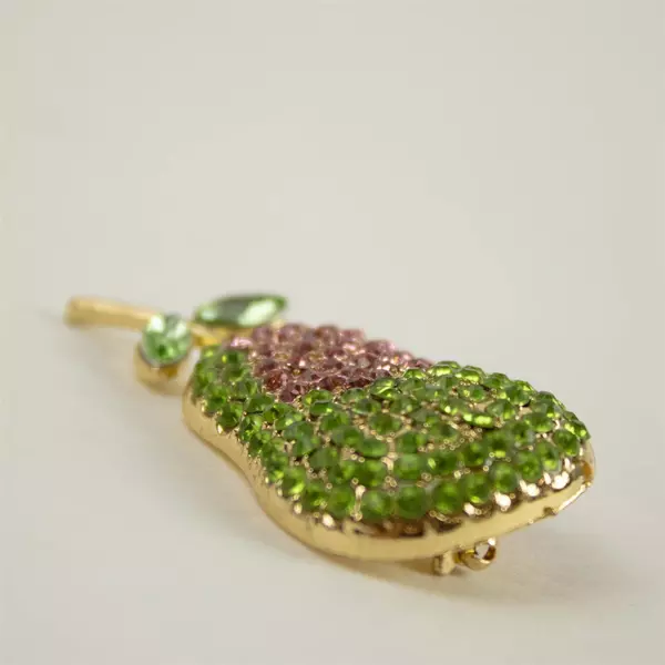 Vintage Rhinestone Green Pink Pear Fruit Brooch Costume Jewelry