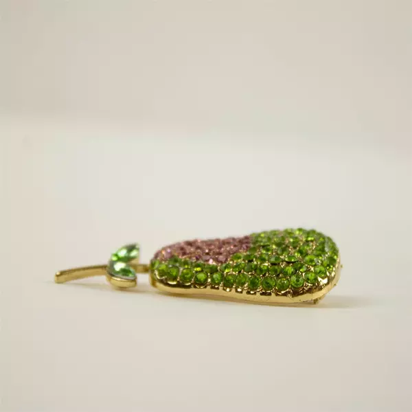 Vintage Rhinestone Green Pink Pear Fruit Brooch Costume Jewelry