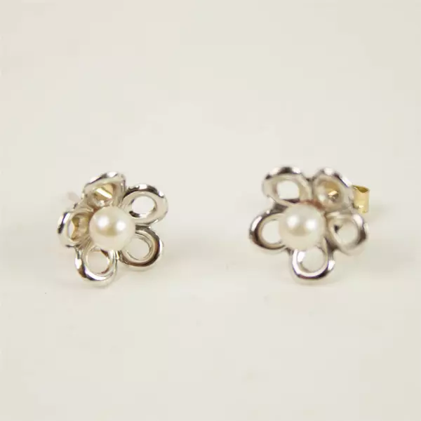 Sterling Silver Flower Stud Earrings Simulated Pearl Centers