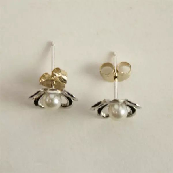 Sterling Silver Flower Stud Earrings Simulated Pearl Centers