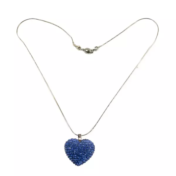 Blue Rhinestone-Inlaid Heart Pendant Necklace 10" Chain