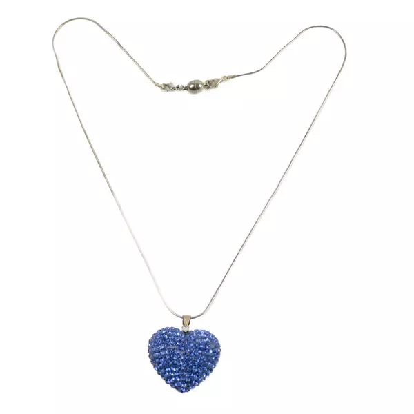 Blue Rhinestone-Inlaid Heart Pendant Necklace 10" Chain
