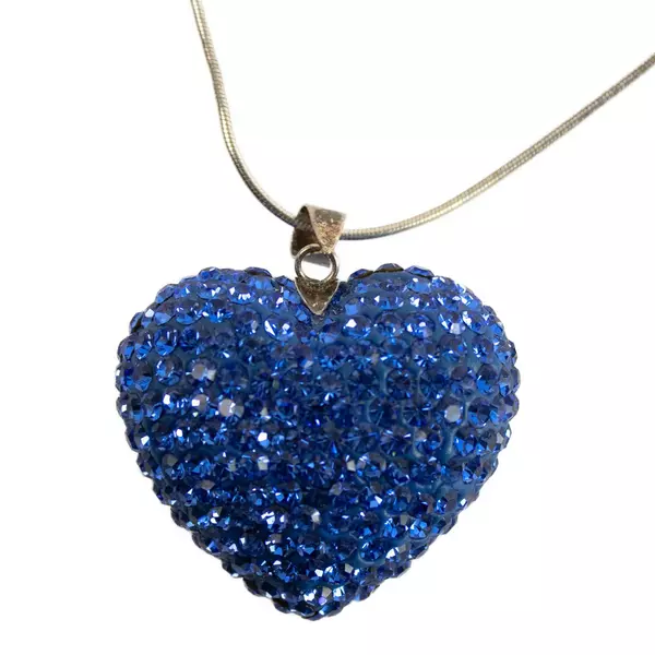 Blue Rhinestone-Inlaid Heart Pendant Necklace 10" Chain