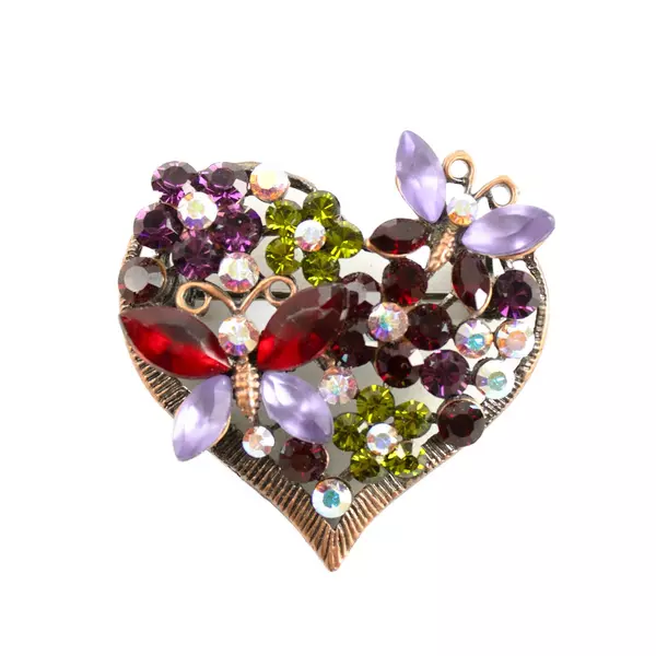 Silver-Tone Crystal Rhinestone Heart Brooch Pin Butterfly Floral