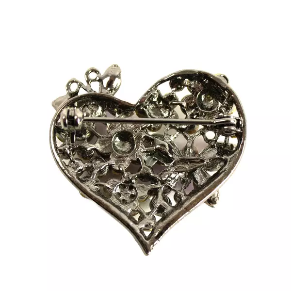 Silver-Tone Crystal Rhinestone Heart Brooch Pin Butterfly Floral