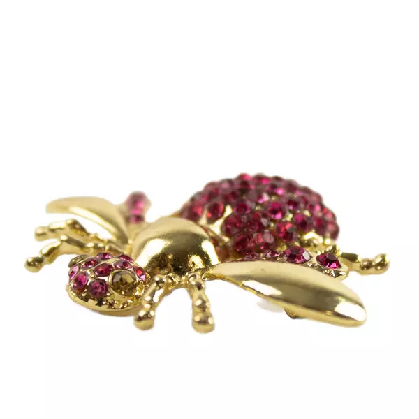 Gold-Toned Beetle Brooch Pink Crystal Rhinestone Pin Vintage