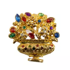 Vintage Gold Tone Flower Basket Brooch Pin Multi Colored Rhinestones