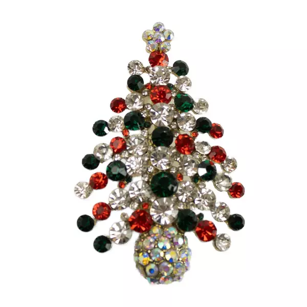 Vintage Rhinestone Christmas Tree Brooch Red Green Clear Crystals Pin