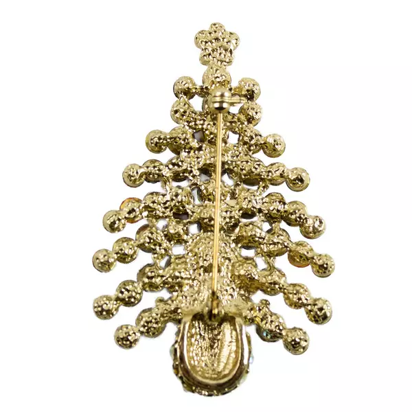 Vintage Rhinestone Christmas Tree Brooch Red Green Clear Crystals Pin